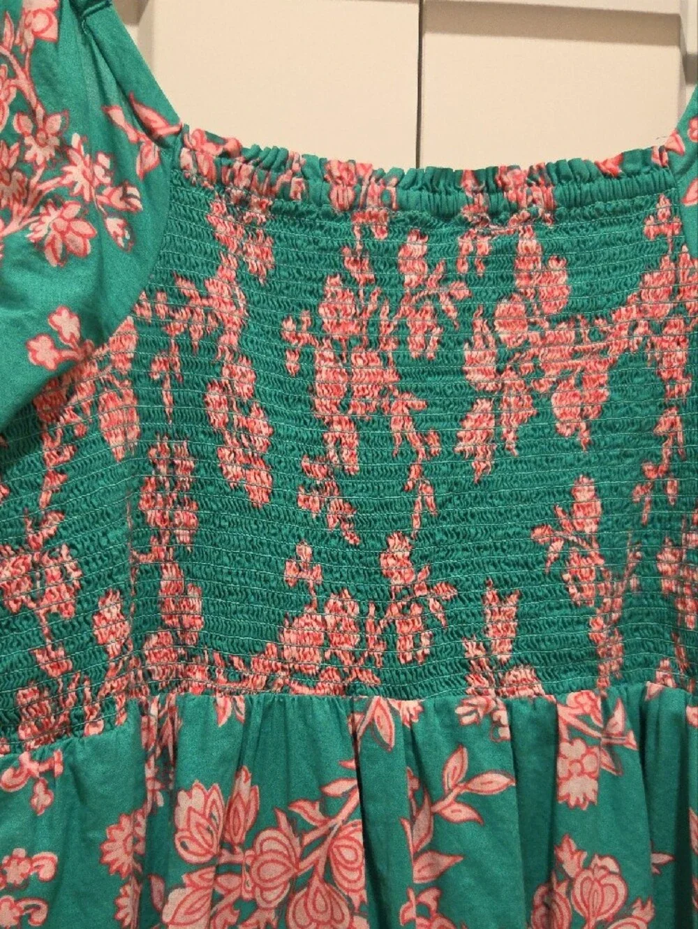 J. Crew Green Midi Smocked Dress with Pink Floral Print